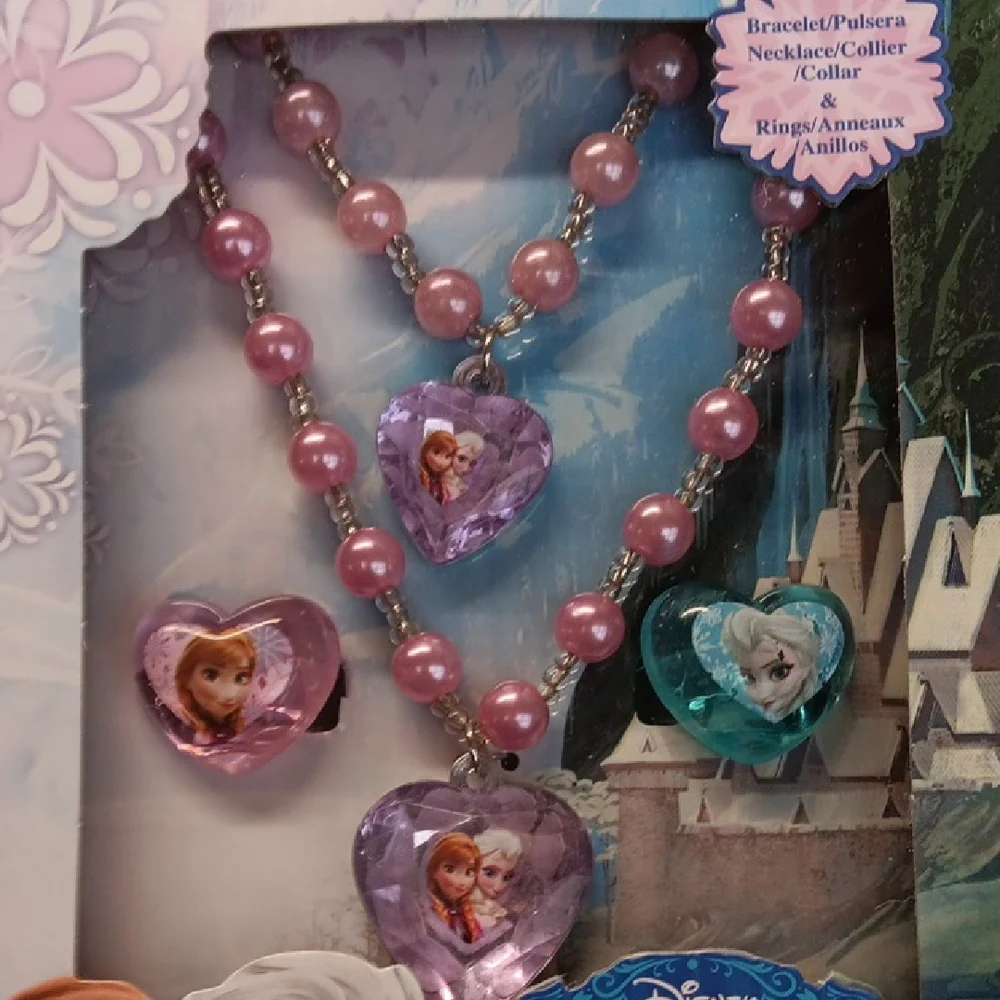Little Girls Frozen plastic pink Jewelry Set Necklace,bracelet & Rings In Box
